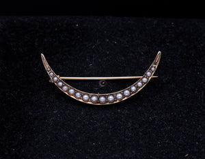 Antique Handmade 14K Gold and Pearls Crescent Moon Brooch