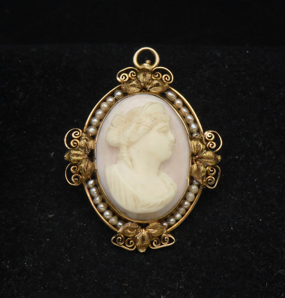 Vintage Handmade 14K Gold and Cultured Pearl Cameo Brooch/Pendant