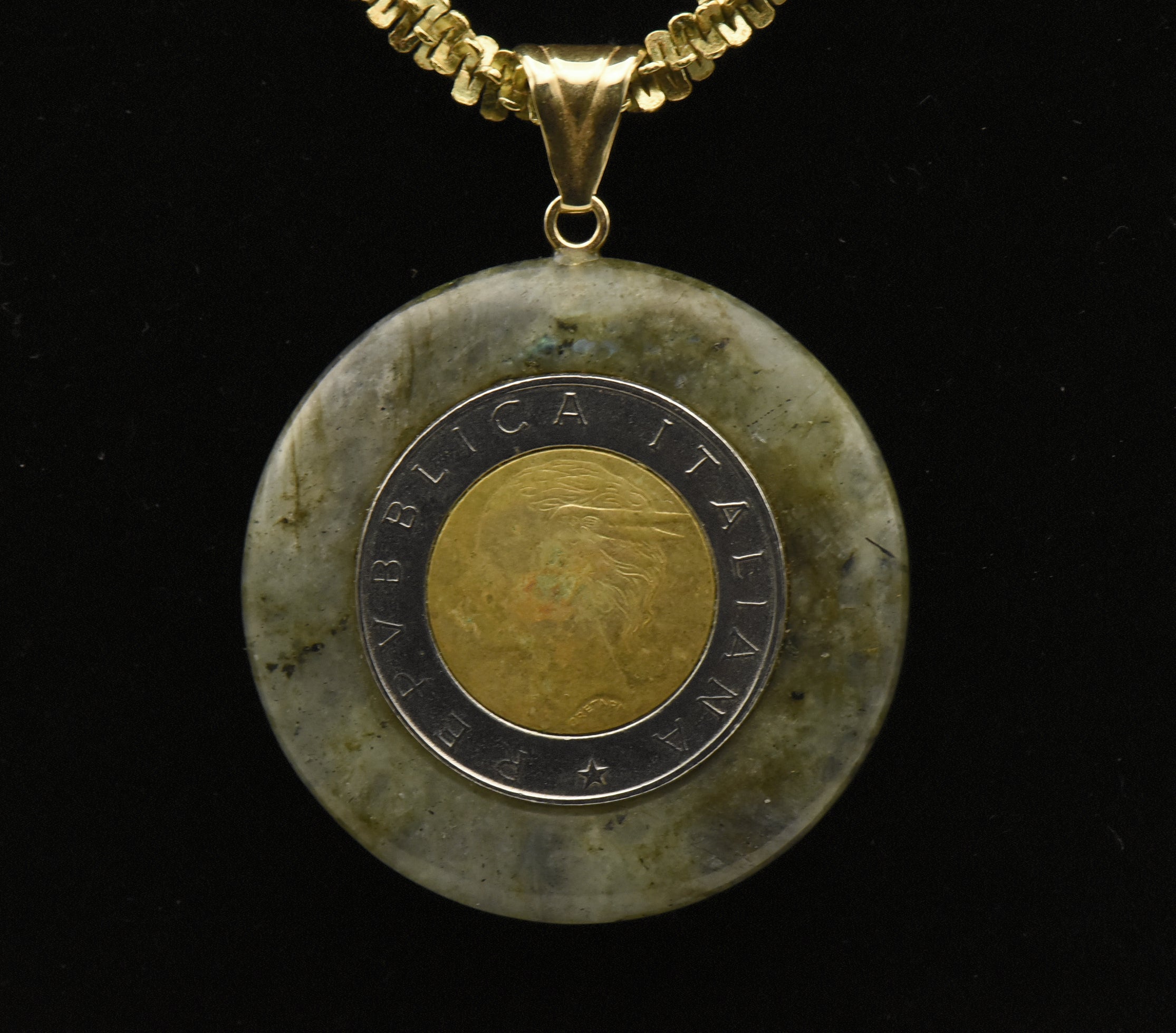 Milor - Vintage 14k Gold Labradorite Italian Lira Pendant on Tinsel Link Sterling Necklace - 18"