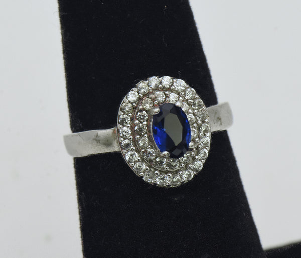 Vintage Sterling Silver Imitation Sapphire Halo Ring - Size 5