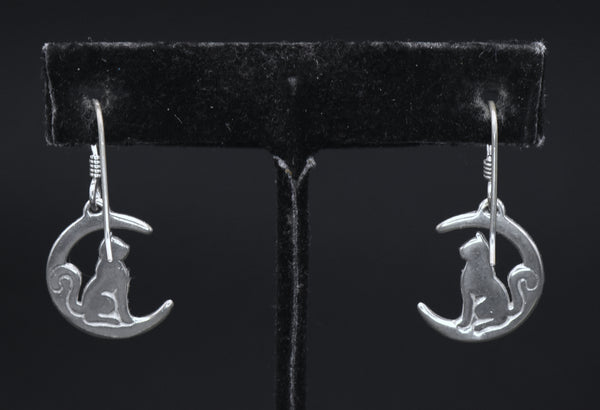 Vintage Cat in Crescent Moon Sterling Silver Earrings