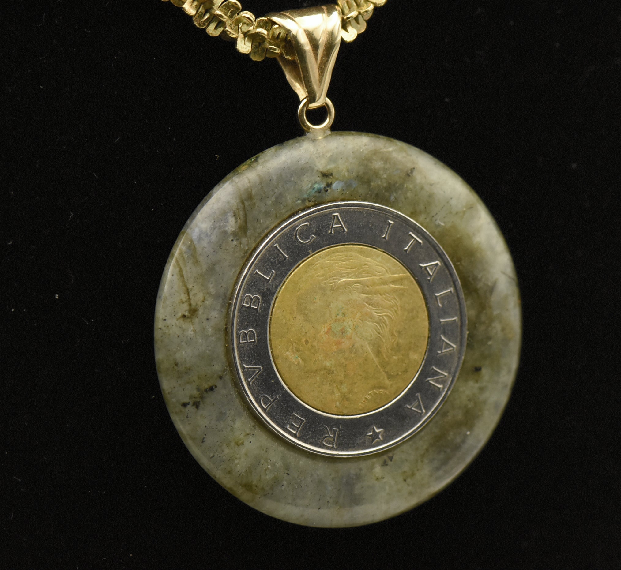 Milor - Vintage 14k Gold Labradorite Italian Lira Pendant on Tinsel Link Sterling Necklace - 18"