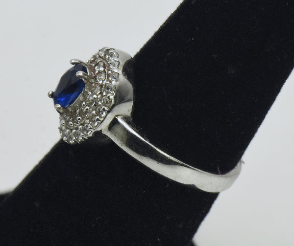 Vintage Sterling Silver Imitation Sapphire Halo Ring - Size 5