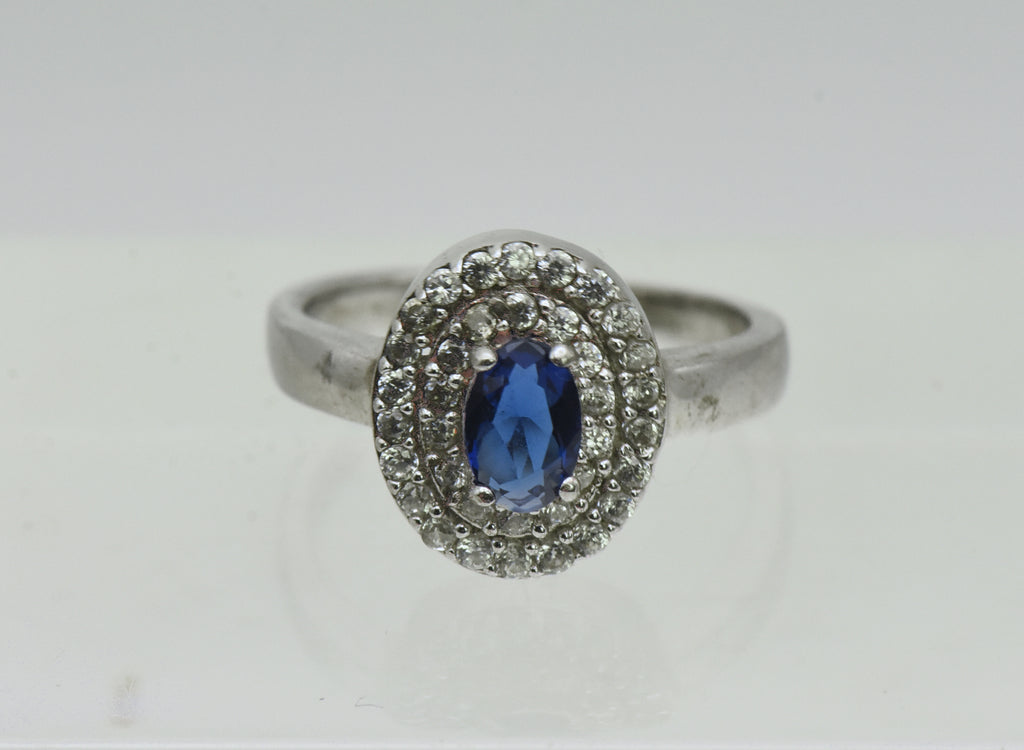 Vintage Sterling Silver Imitation Sapphire Halo Ring - Size 5