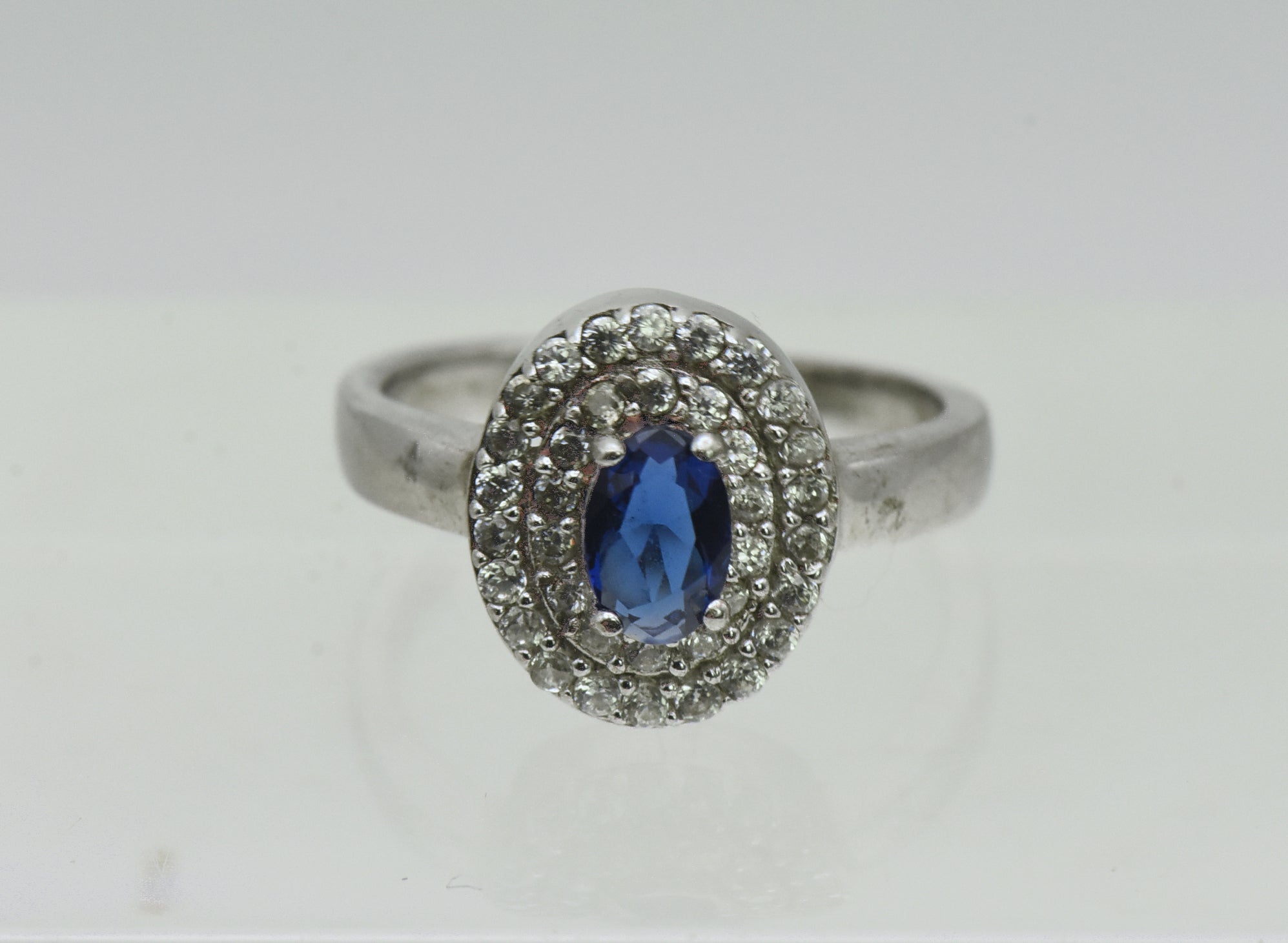 Vintage Sterling Silver Imitation Sapphire Halo Ring - Size 5