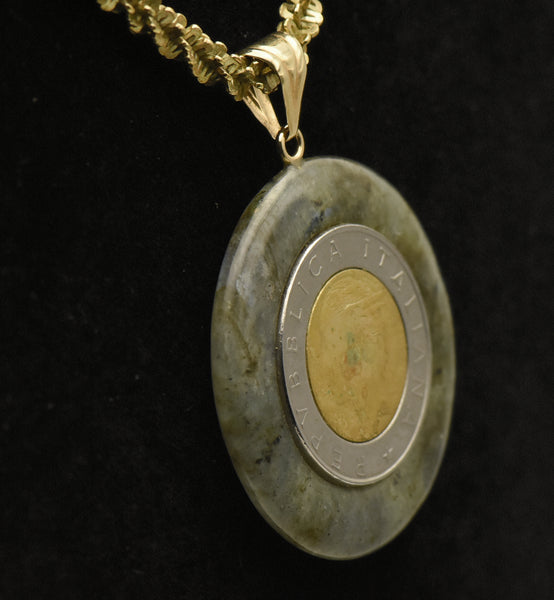 Milor - Vintage 14k Gold Labradorite Italian Lira Pendant on Tinsel Link Sterling Necklace - 18"