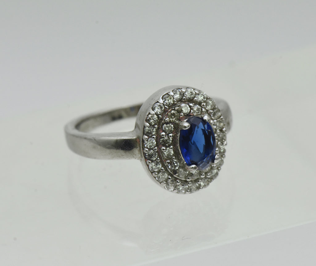 Vintage Sterling Silver Imitation Sapphire Halo Ring - Size 5