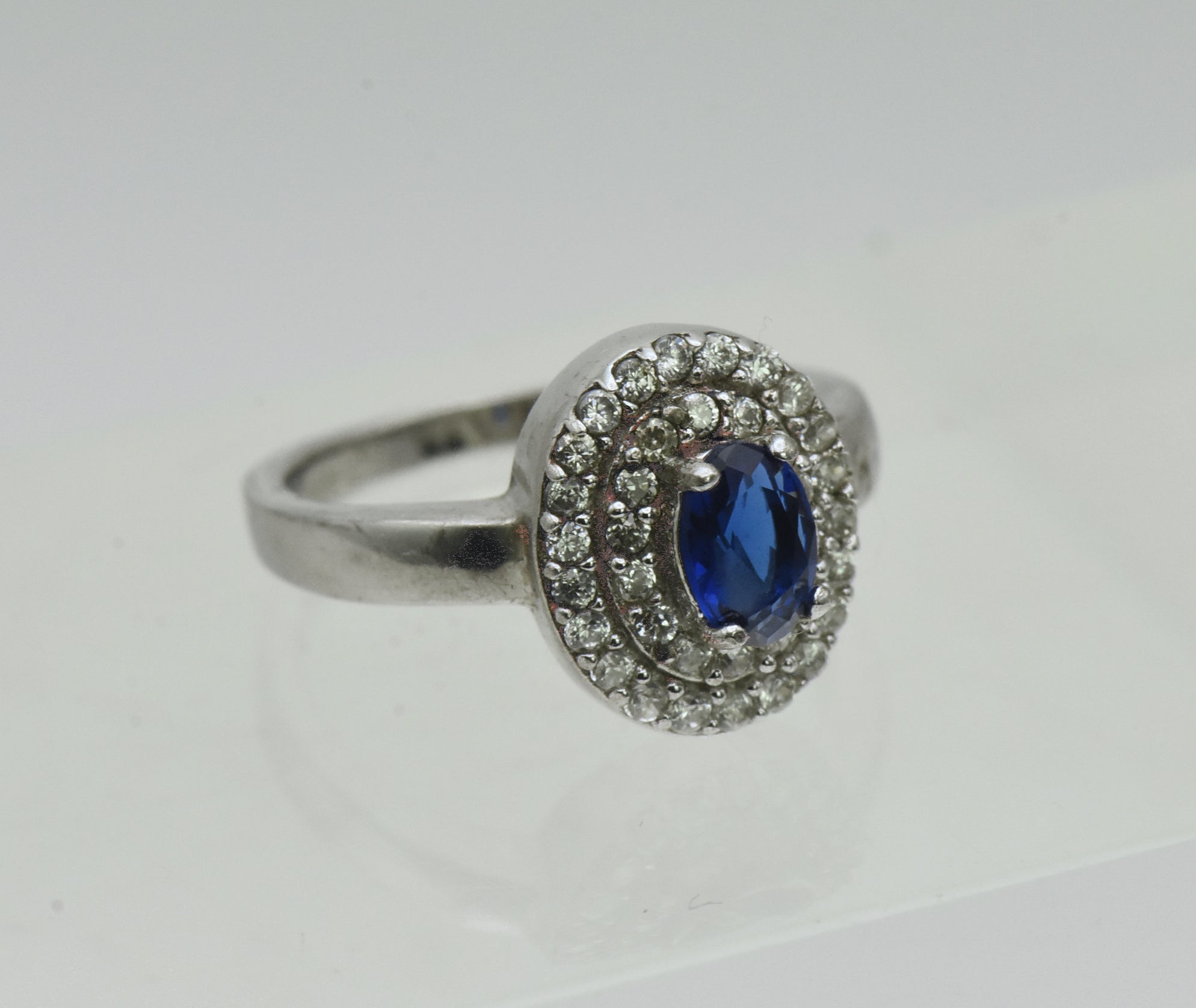 Vintage Sterling Silver Imitation Sapphire Halo Ring - Size 5
