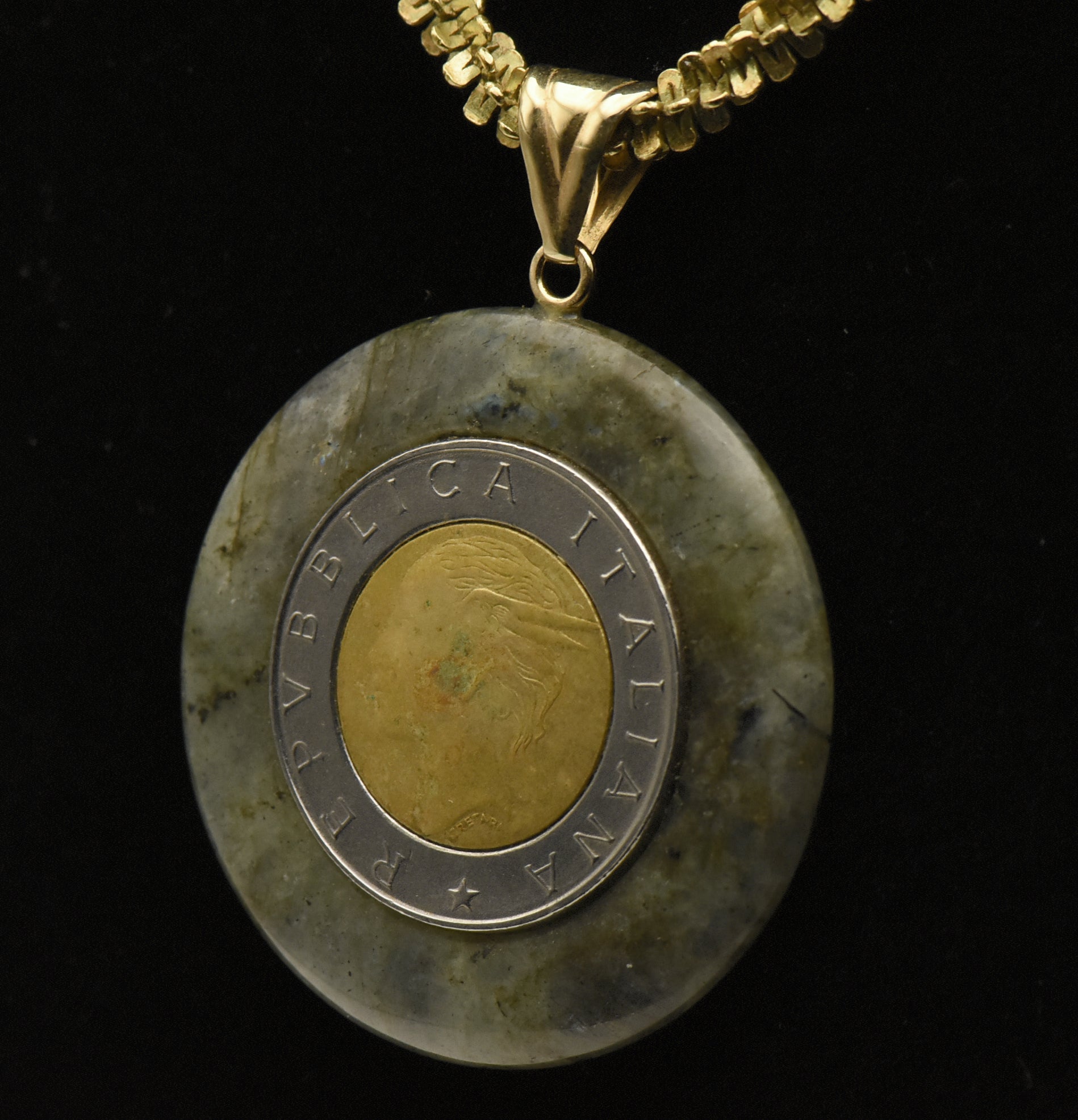 Milor - Vintage 14k Gold Labradorite Italian Lira Pendant on Tinsel Link Sterling Necklace - 18"