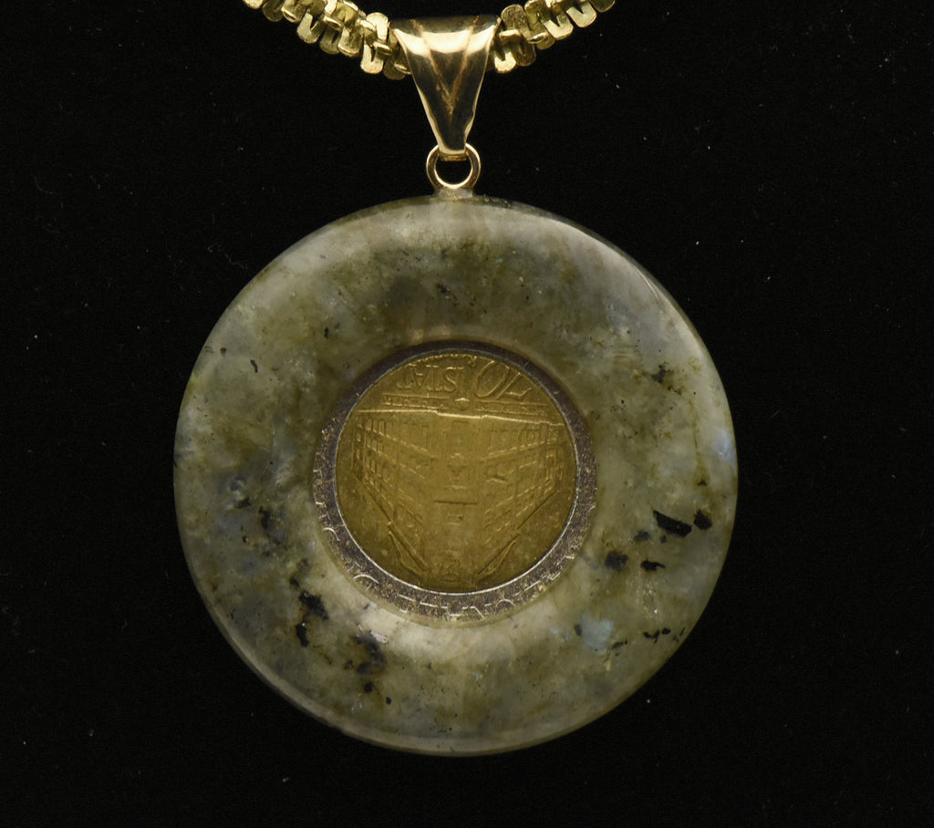 Milor - Vintage 14k Gold Labradorite Italian Lira Pendant on Tinsel Link Sterling Necklace - 18"