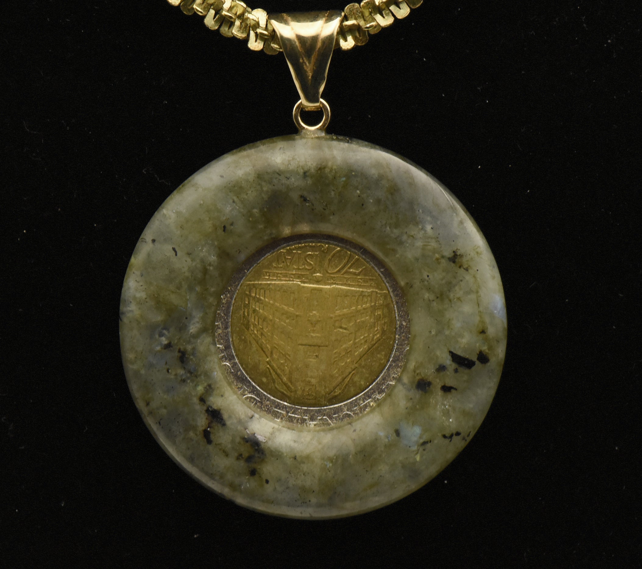 Milor - Vintage 14k Gold Labradorite Italian Lira Pendant on Tinsel Link Sterling Necklace - 18"