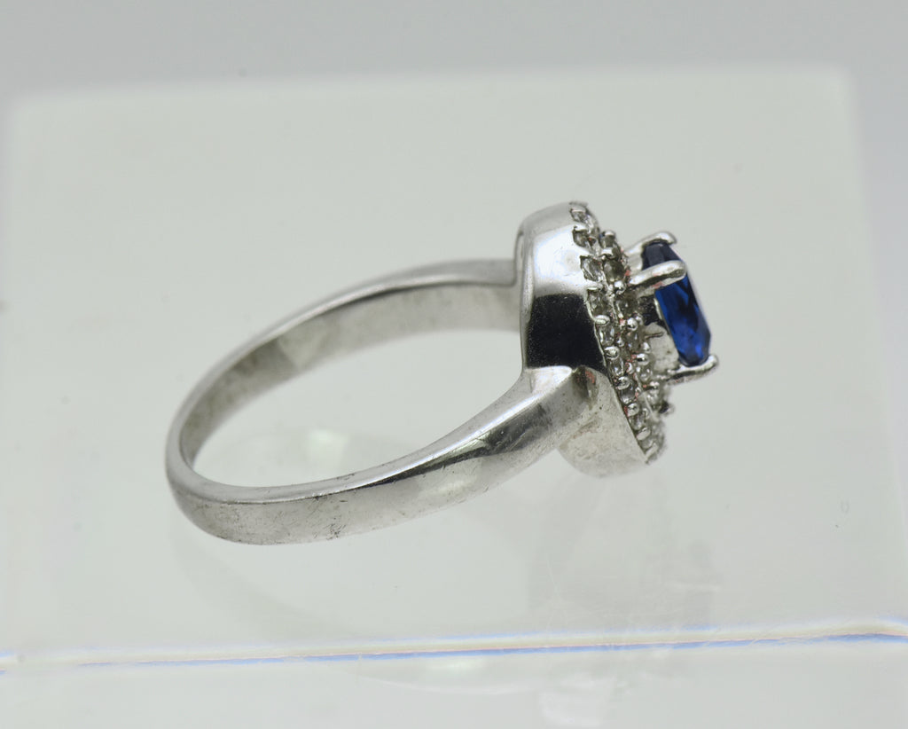 Vintage Sterling Silver Imitation Sapphire Halo Ring - Size 5