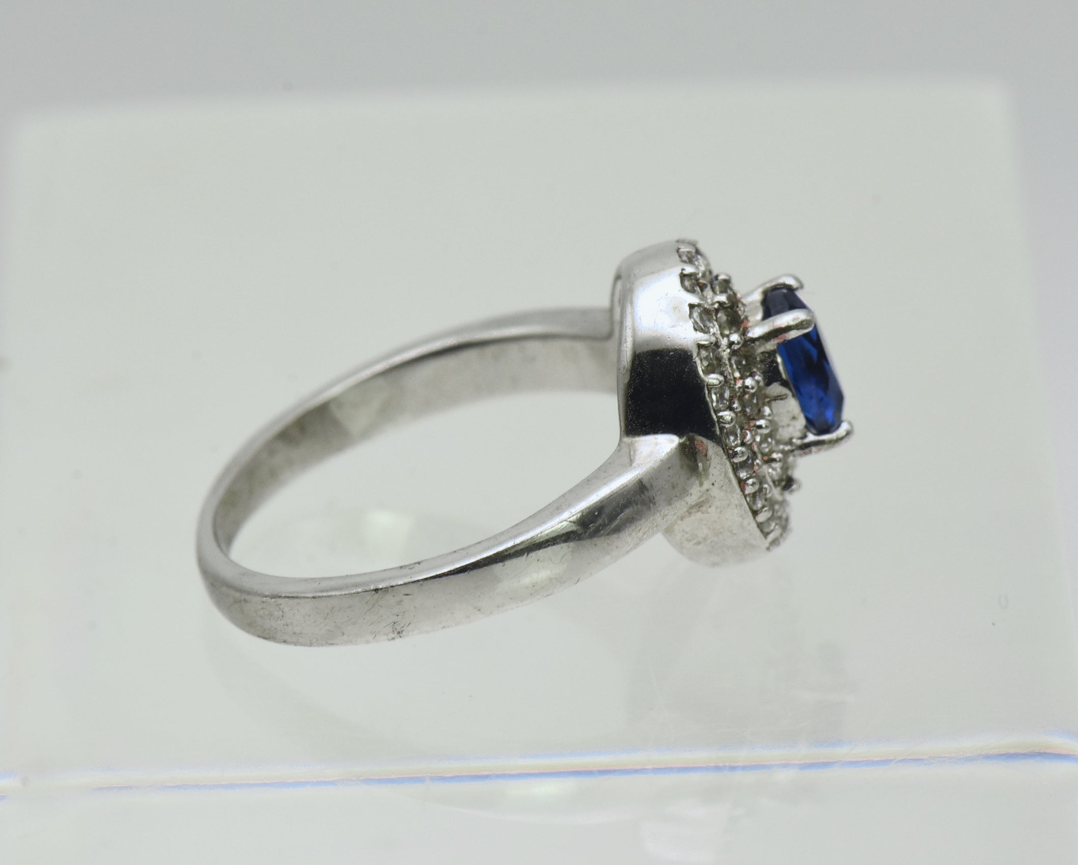 Vintage Sterling Silver Imitation Sapphire Halo Ring - Size 5