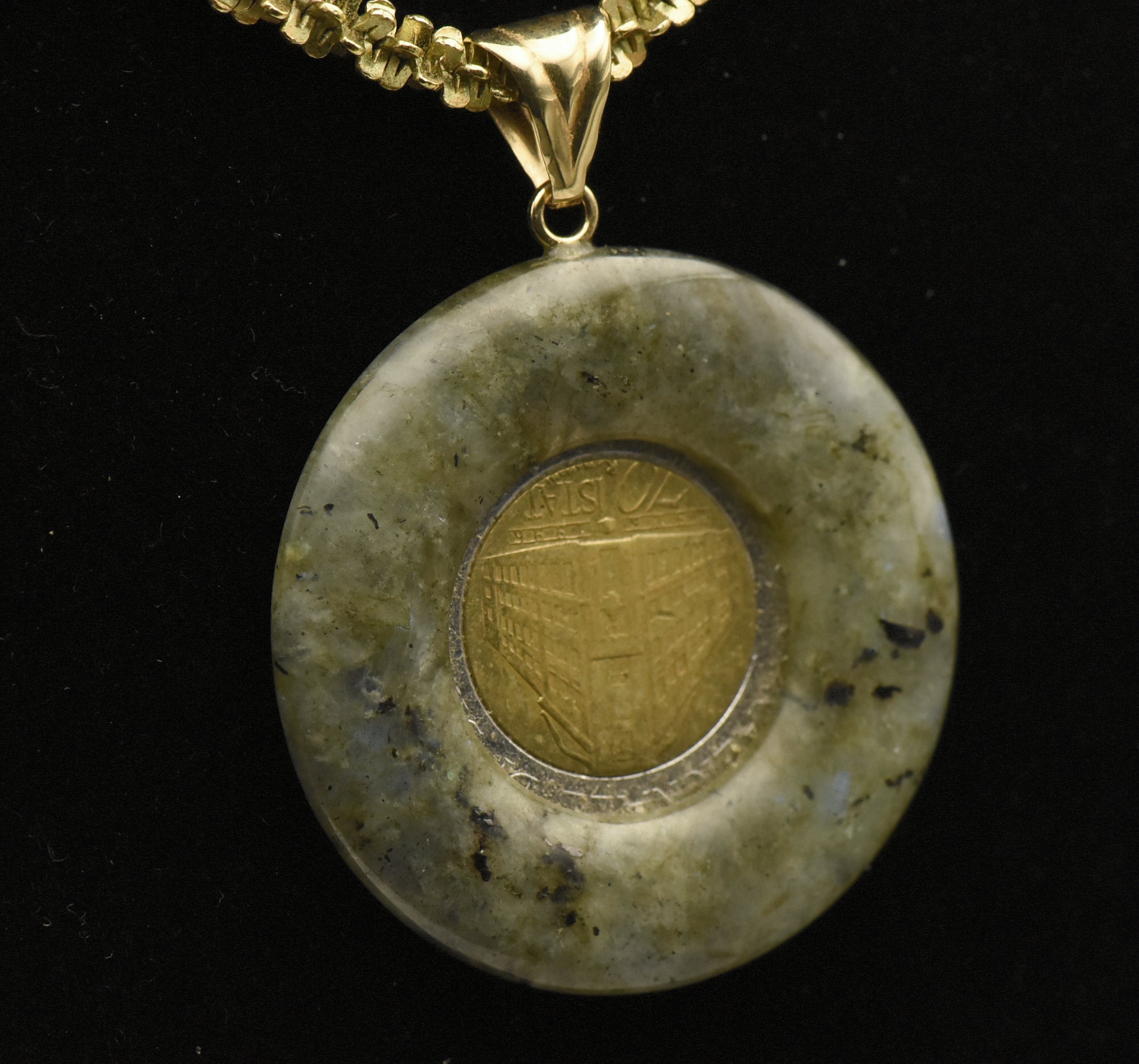 Milor - Vintage 14k Gold Labradorite Italian Lira Pendant on Tinsel Link Sterling Necklace - 18"