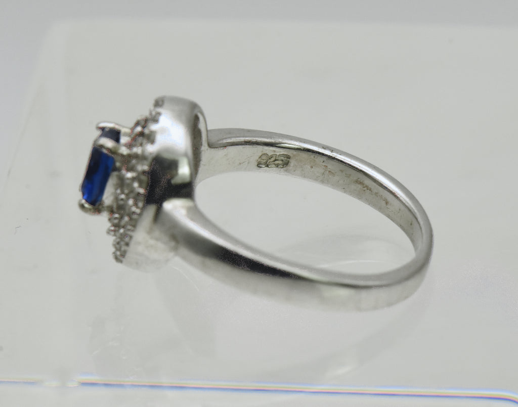 Vintage Sterling Silver Imitation Sapphire Halo Ring - Size 5