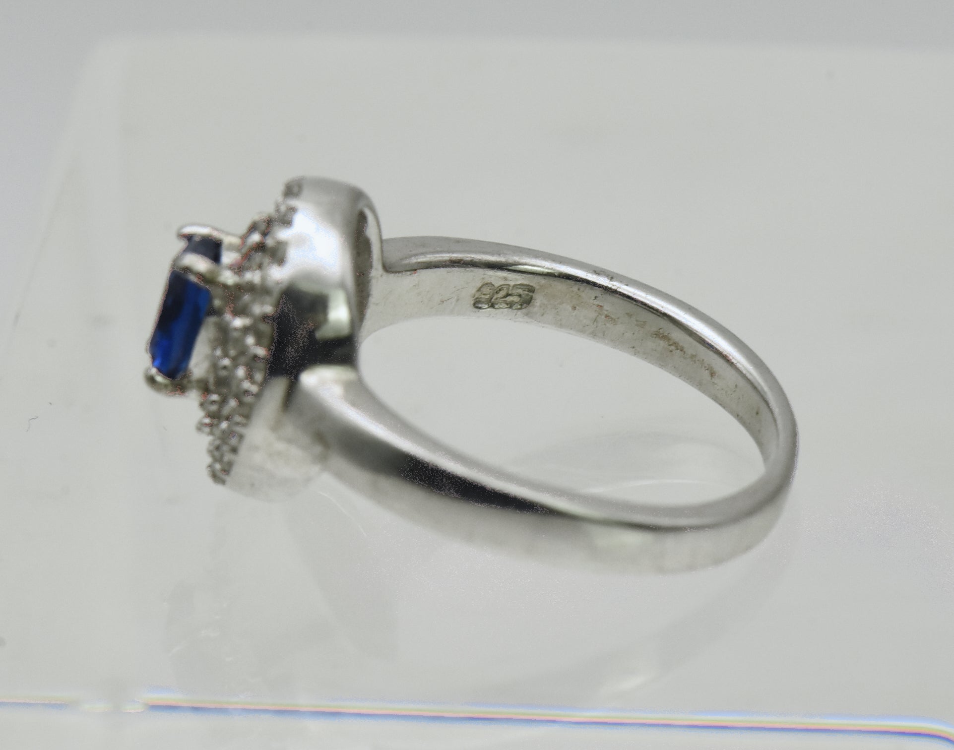 Vintage Sterling Silver Imitation Sapphire Halo Ring - Size 5