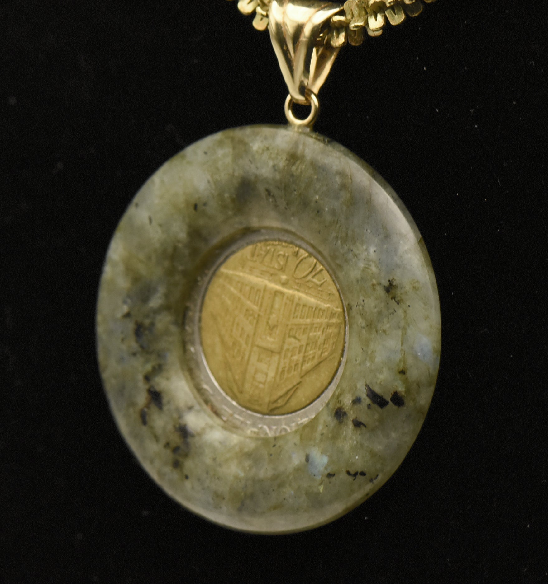 Milor - Vintage 14k Gold Labradorite Italian Lira Pendant on Tinsel Link Sterling Necklace - 18"