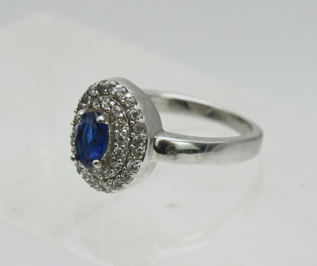 Vintage Sterling Silver Imitation Sapphire Halo Ring - Size 5