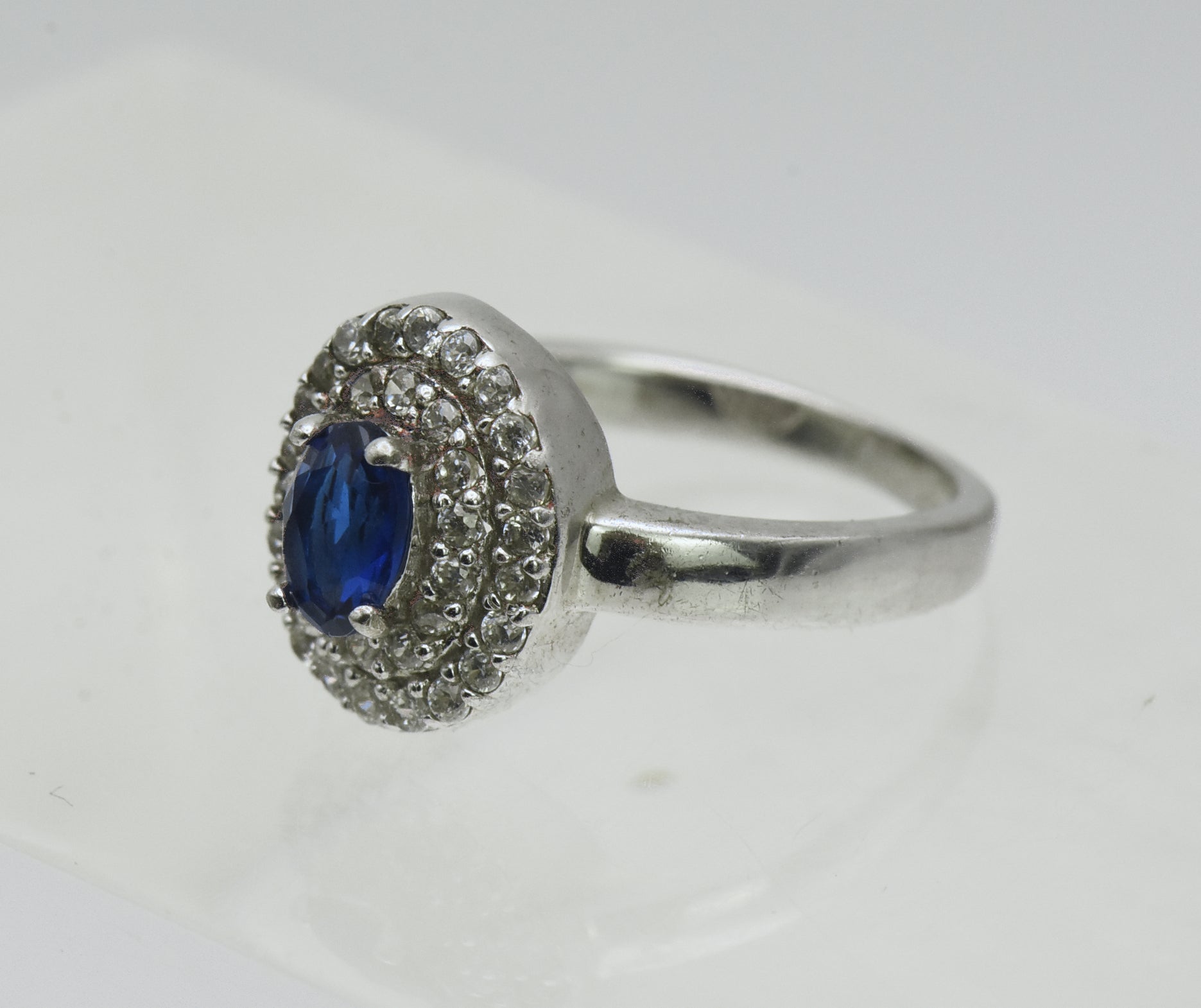 Vintage Sterling Silver Imitation Sapphire Halo Ring - Size 5
