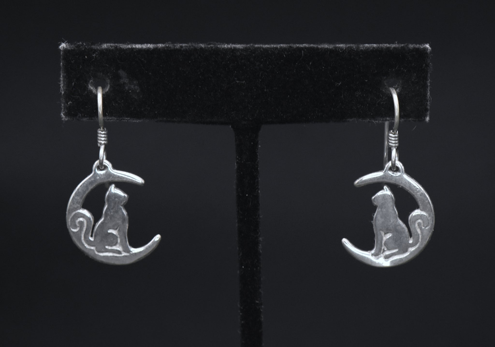 Vintage Cat in Crescent Moon Sterling Silver Earrings