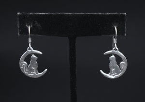Vintage Cat in Crescent Moon Sterling Silver Earrings