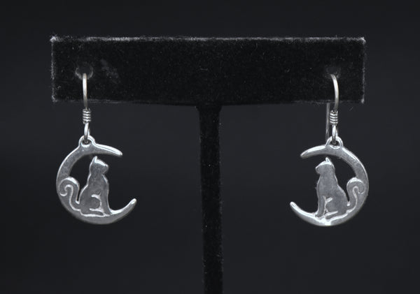 Vintage Cat in Crescent Moon Sterling Silver Earrings