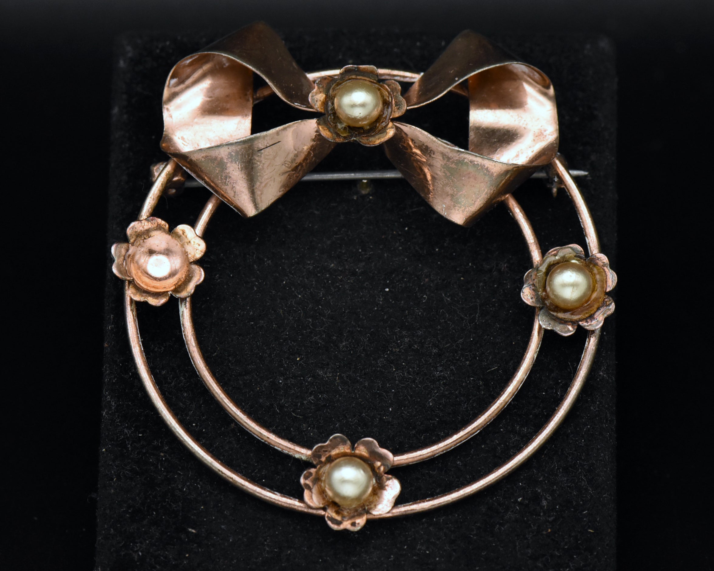 Vintage Sterling Silver Copper Tone Faux Pearl Wreath Brooch
