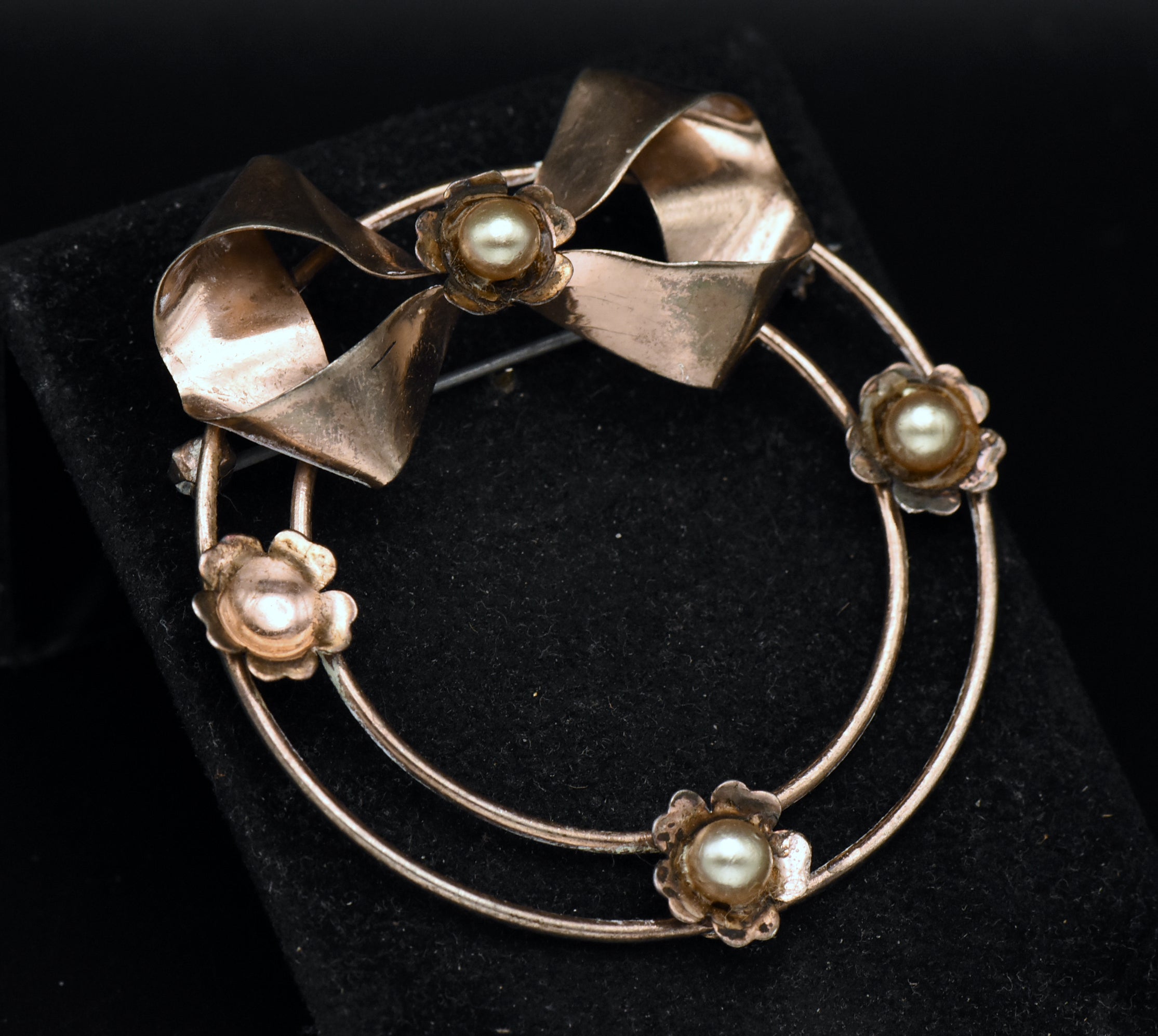 Vintage Sterling Silver Copper Tone Faux Pearl Wreath Brooch