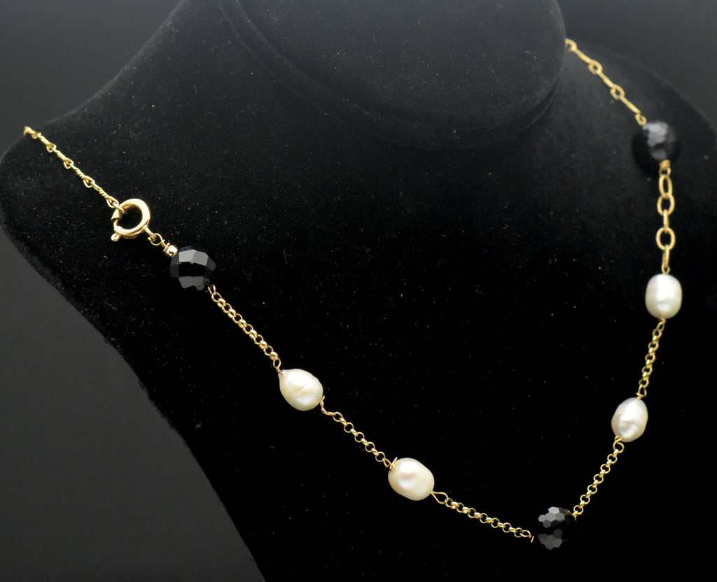 Vintage 18k Pearls and Black Onyx Chain Necklace - 21"