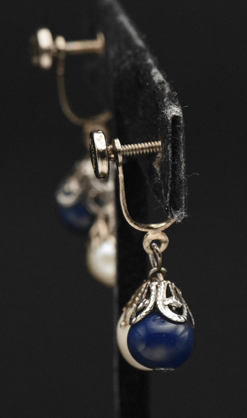 Vintage Sterling Silver Cultured Pearl and Glass Screw Back Earrings