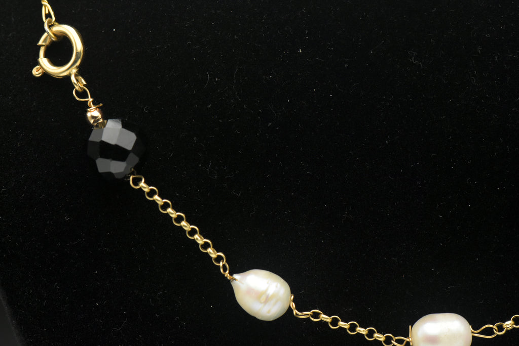 Vintage 18k Pearls and Black Onyx Chain Necklace - 21"