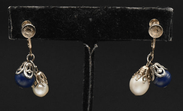 Vintage Sterling Silver Cultured Pearl and Glass Screw Back Earrings