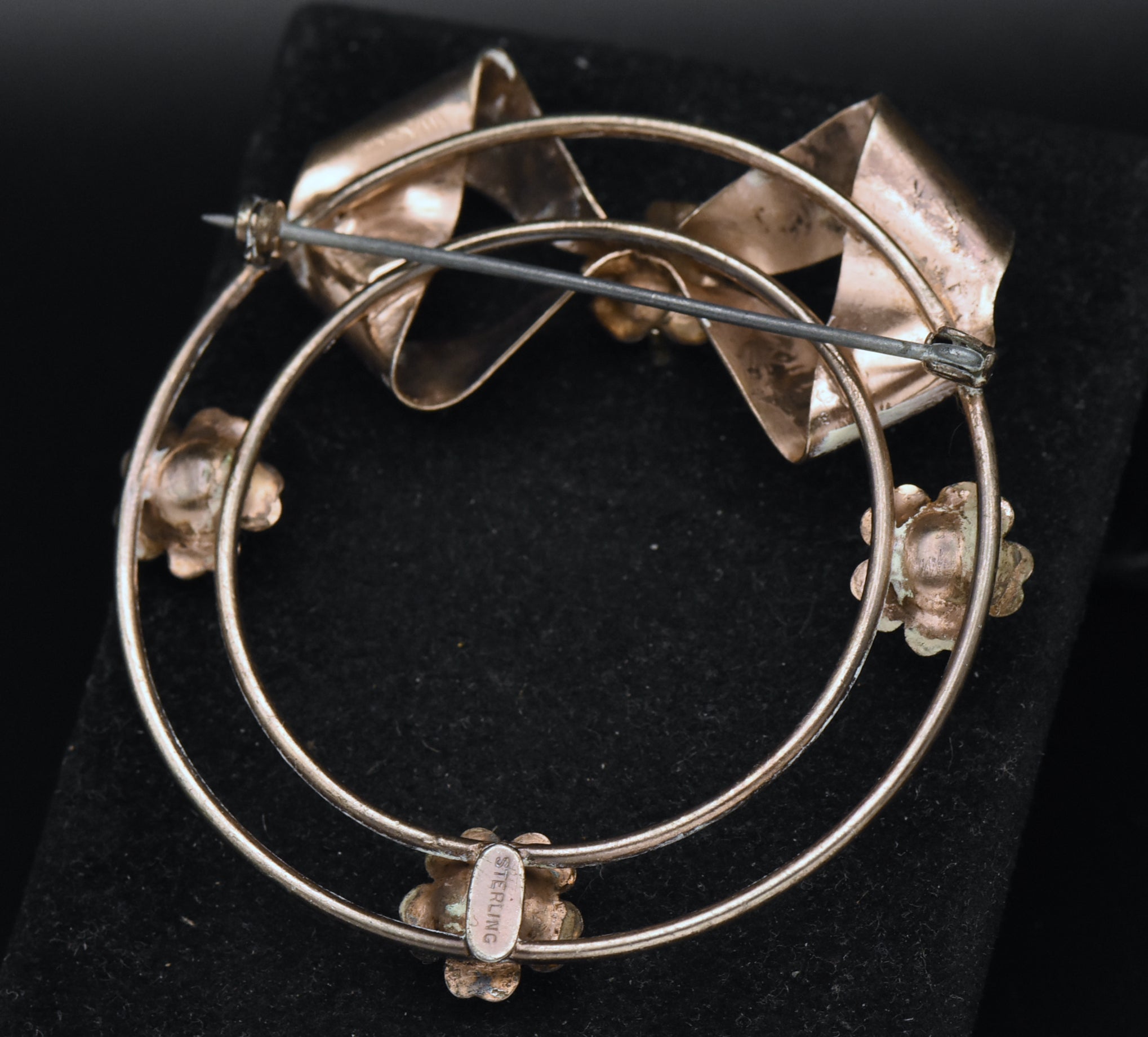 Vintage Sterling Silver Copper Tone Faux Pearl Wreath Brooch