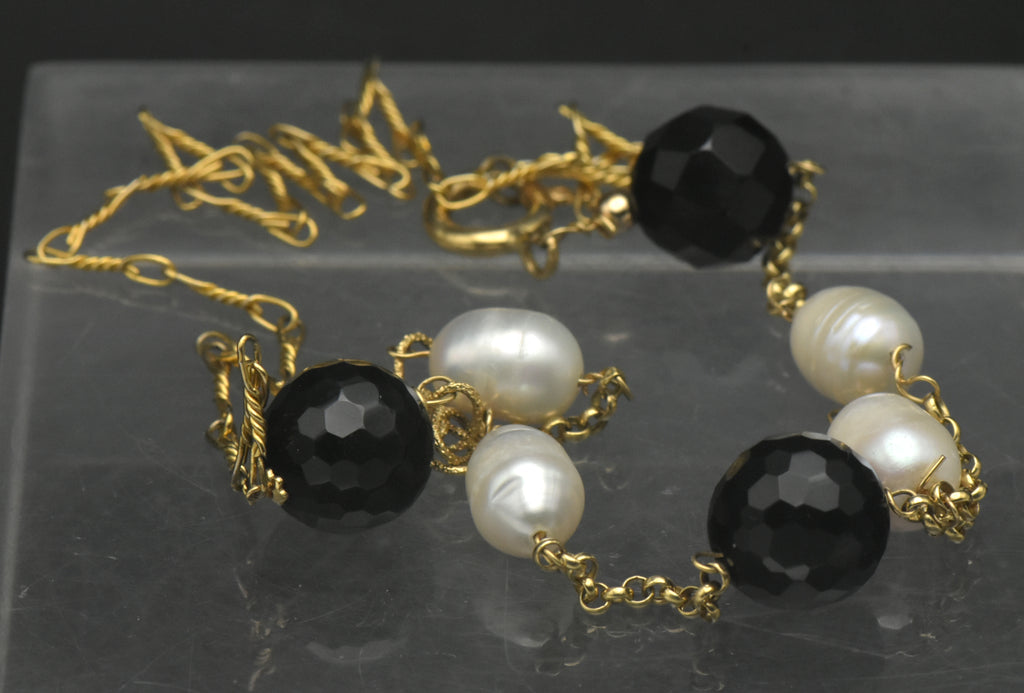 Vintage 18k Pearls and Black Onyx Chain Necklace - 21"
