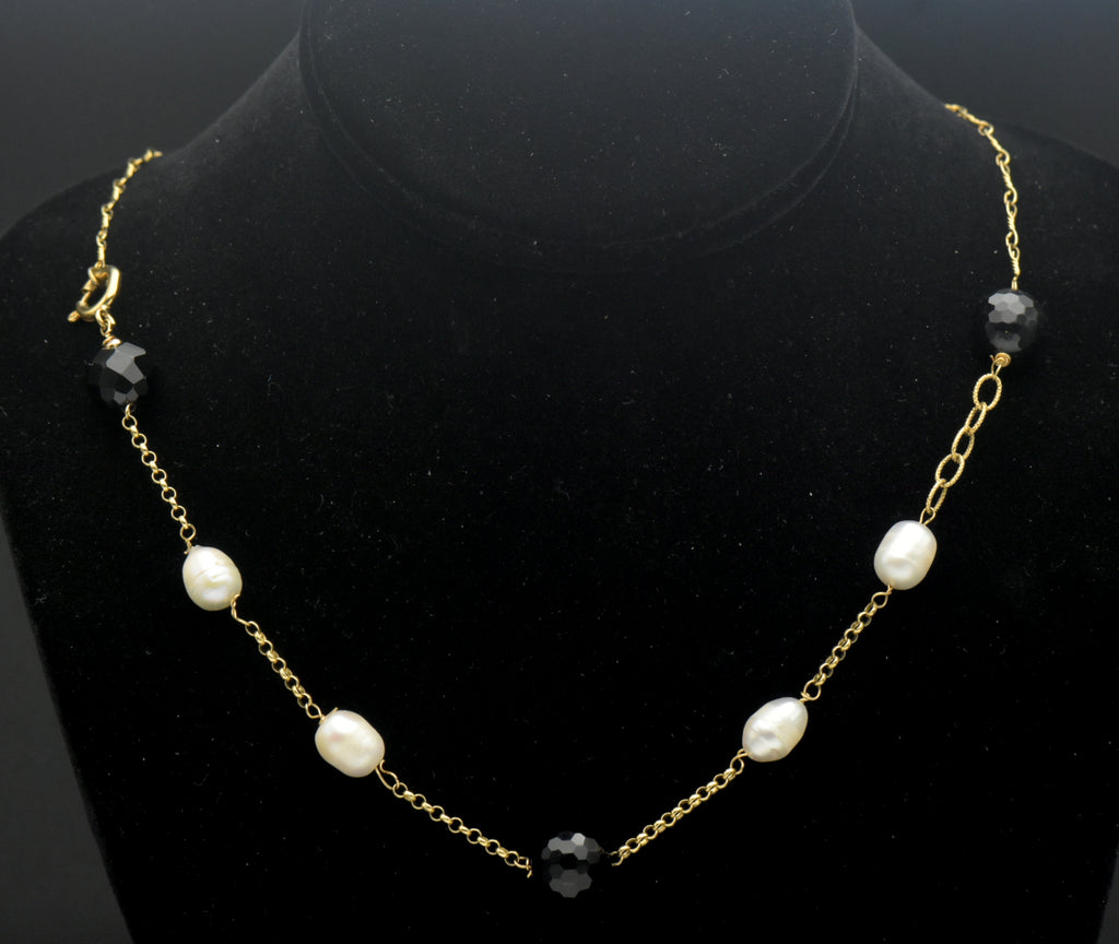 Vintage 18k Pearls and Black Onyx Chain Necklace - 21"