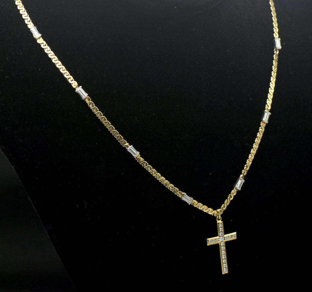 Vintage 14k Gold Diamond Studded Cross Pendant Chain Necklace - 16.75"