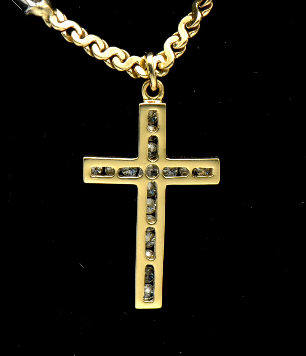 Vintage 14k Gold Diamond Studded Cross Pendant Chain Necklace - 16.75"