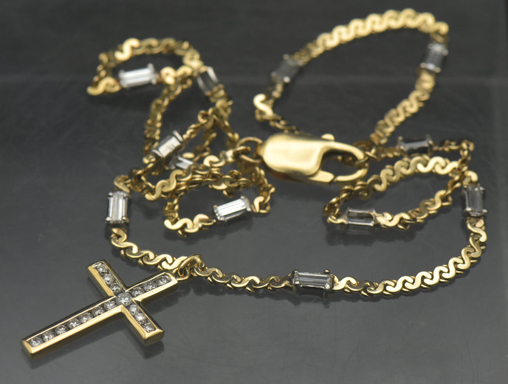 Vintage 14k Gold Diamond Studded Cross Pendant Chain Necklace - 16.75"