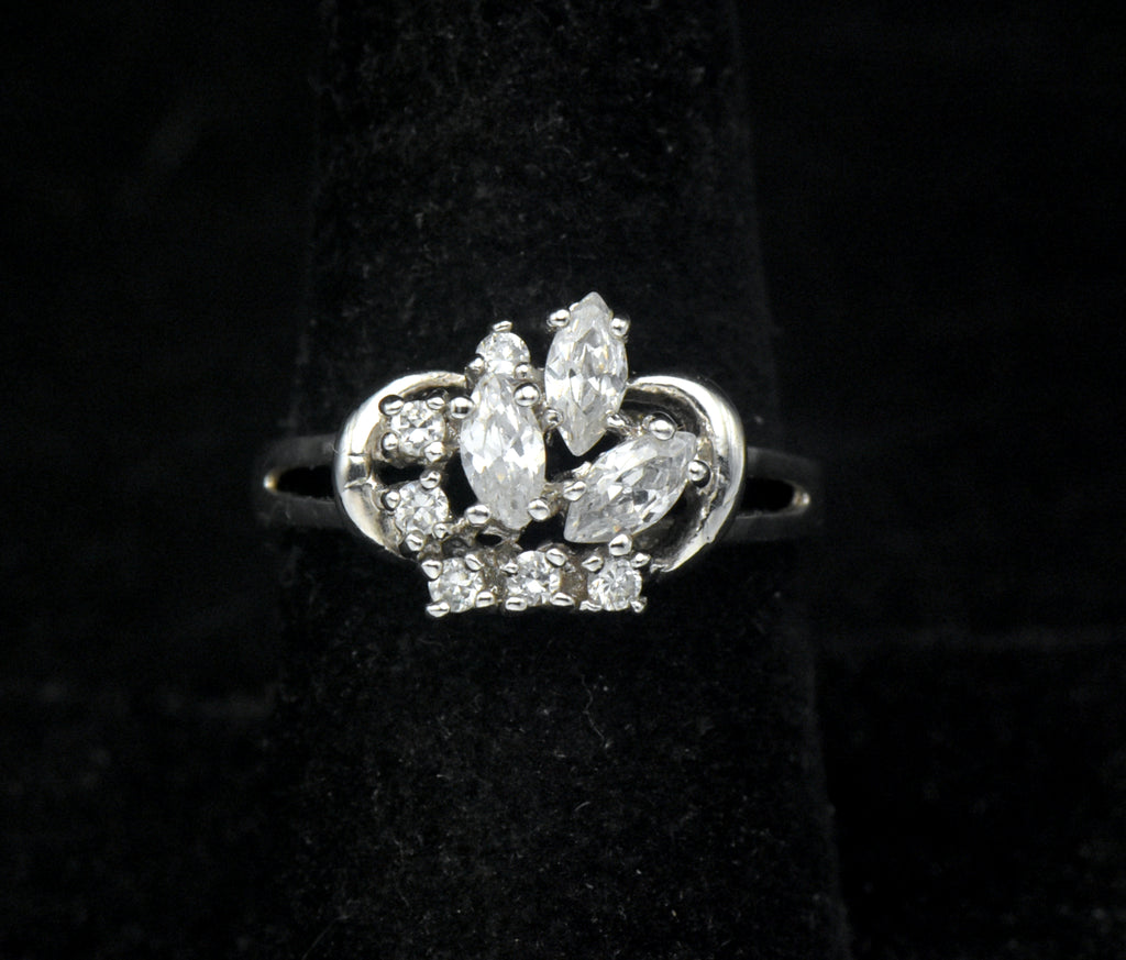 Vintage Sterling Silver CZ Crown Ring - Size 8