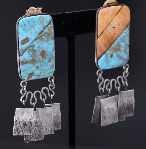 Consuelo Campos - Vintage Handmade Turquoise and Shell Sterling Silver Clip On Earrings