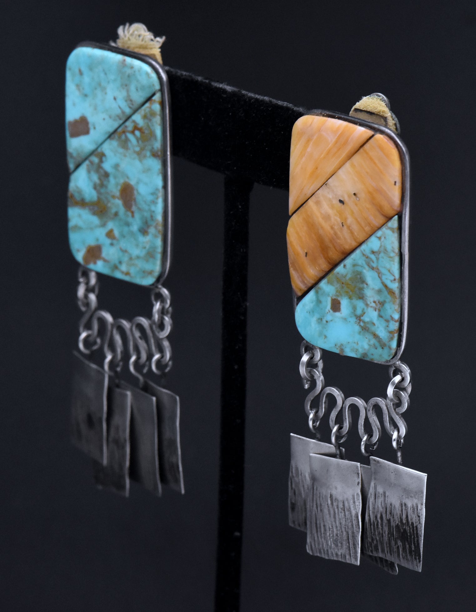 Consuelo Campos - Vintage Handmade Turquoise and Shell Sterling Silver Clip On Earrings