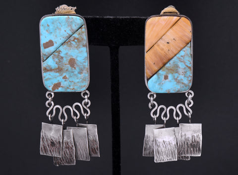 Consuelo Campos - Vintage Handmade Turquoise and Shell Sterling Silver Clip On Earrings