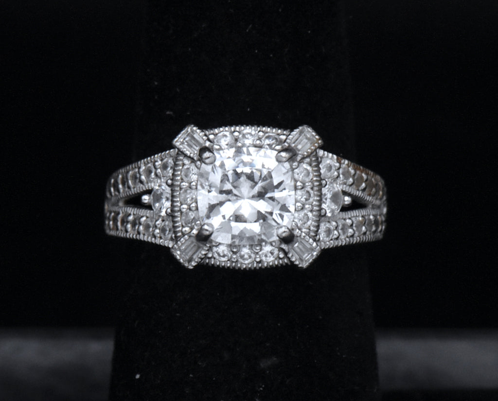 Sterling Silver Cushion Cut Cubic Zirconia Halo Ring - Size 6