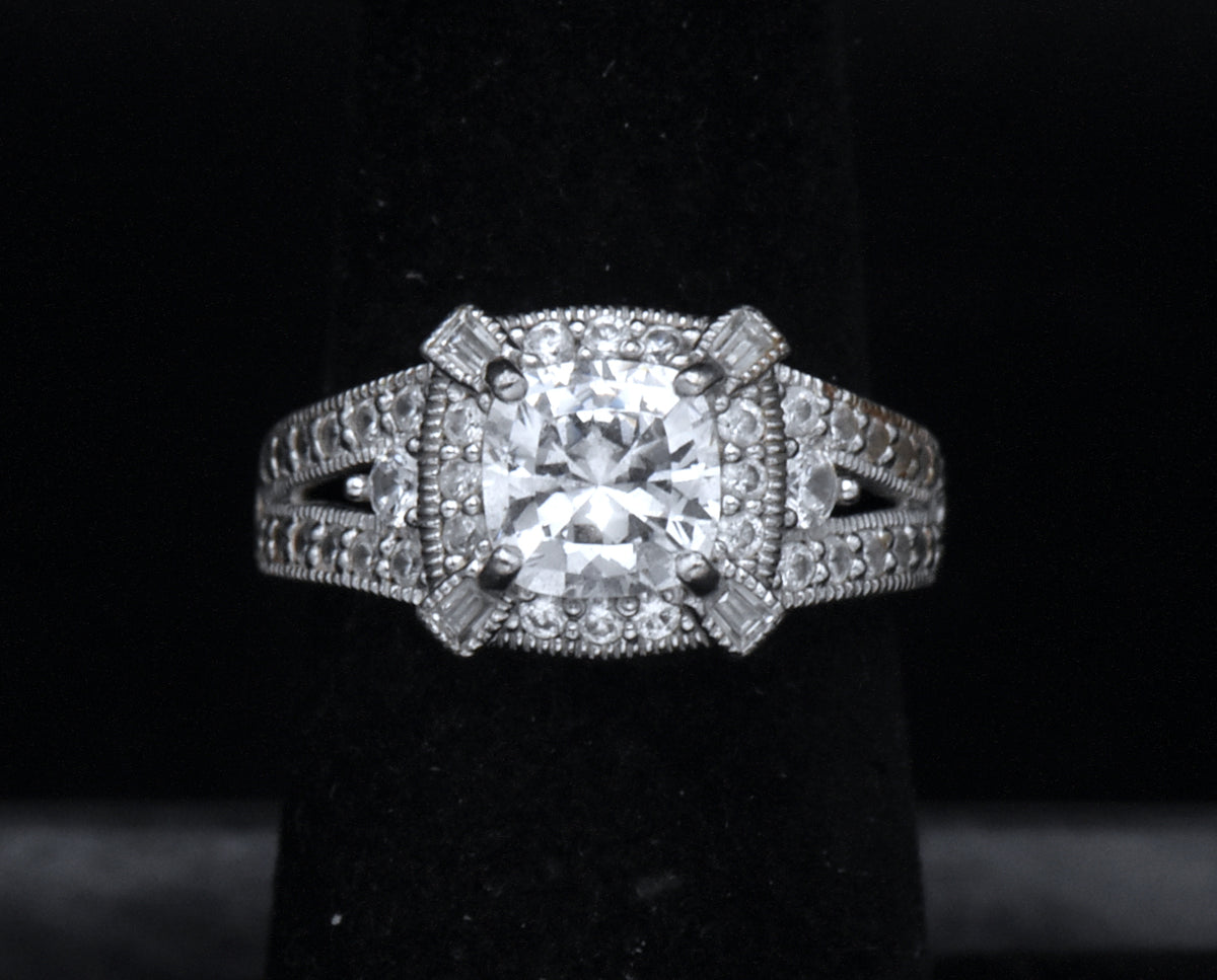 Sterling Silver Cushion Cut Cubic Zirconia Halo Ring - Size 6
