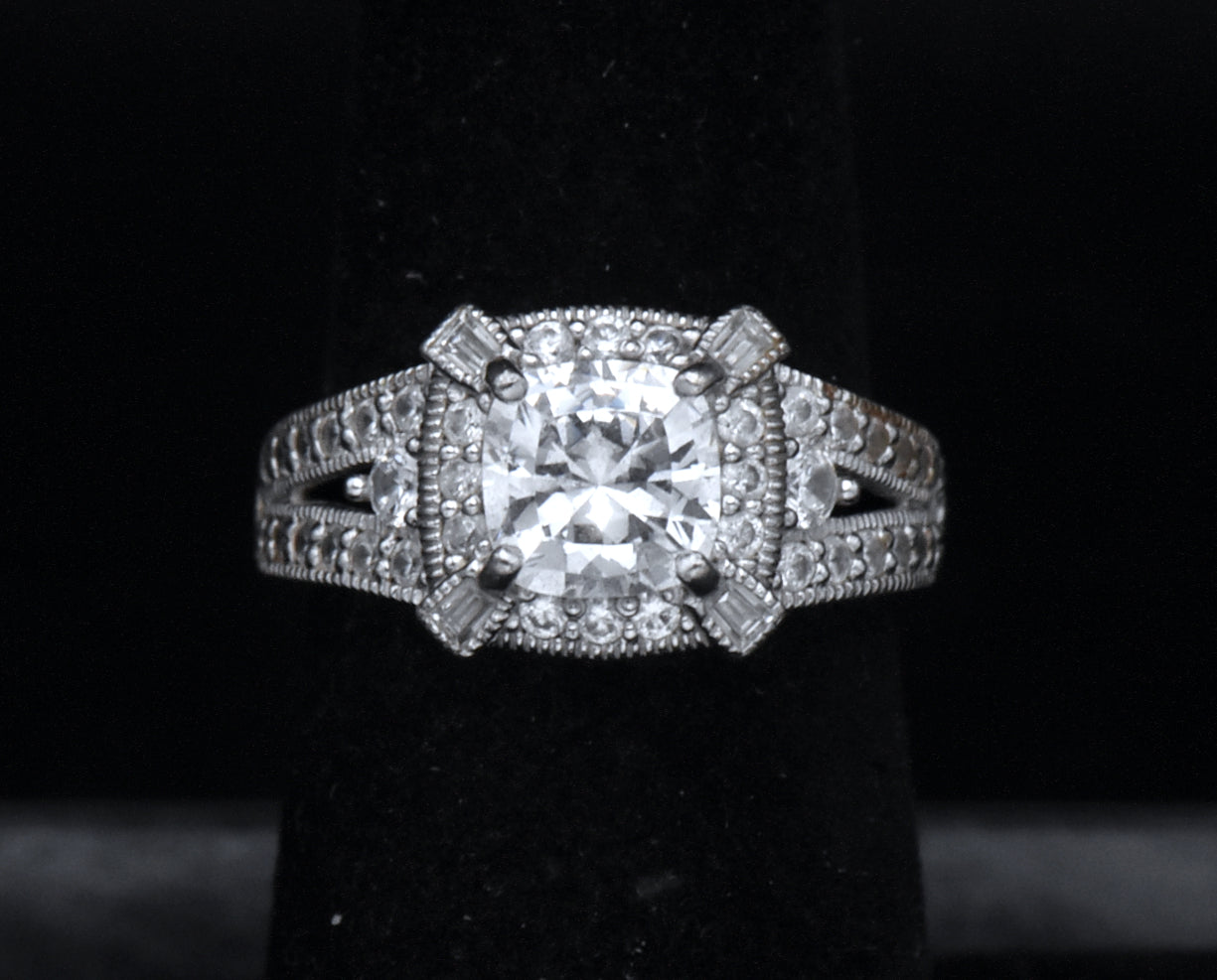 Sterling Silver Cushion Cut Cubic Zirconia Halo Ring - Size 6