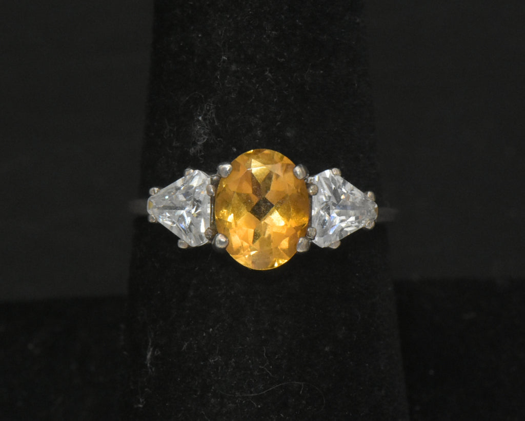 Vintage Citrine and CZ Sterling Silver Ring - Size 7.75