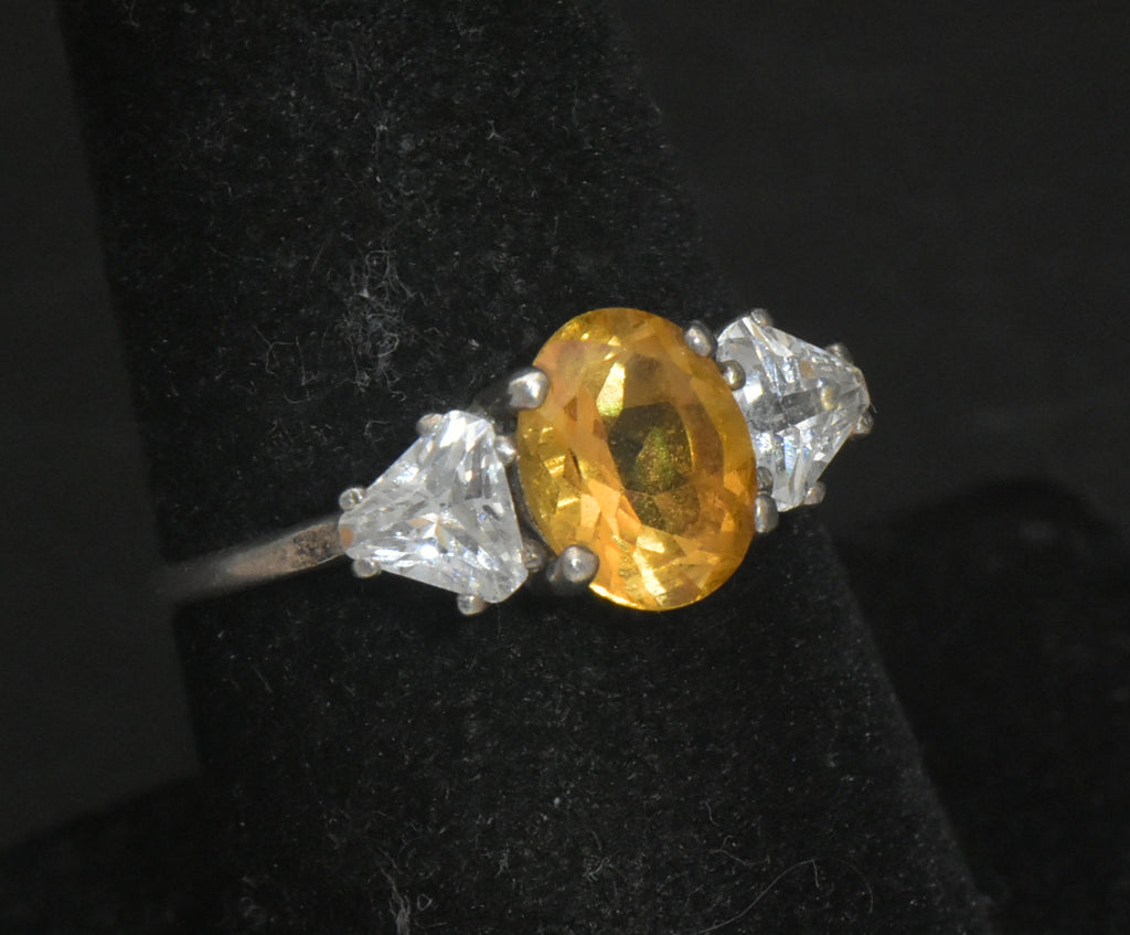 Vintage Citrine and CZ Sterling Silver Ring - Size 7.75