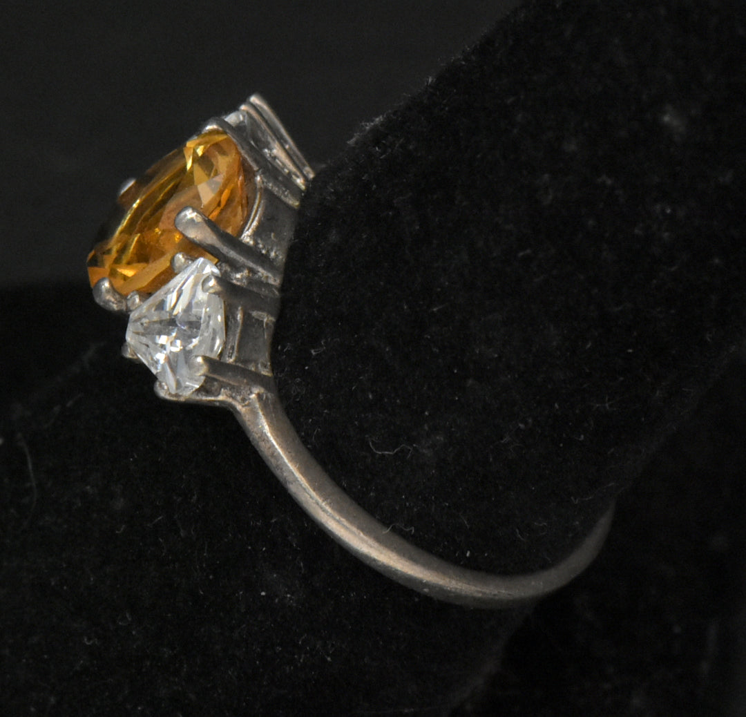 Vintage Citrine and CZ Sterling Silver Ring - Size 7.75
