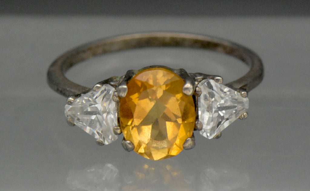 Vintage Citrine and CZ Sterling Silver Ring - Size 7.75