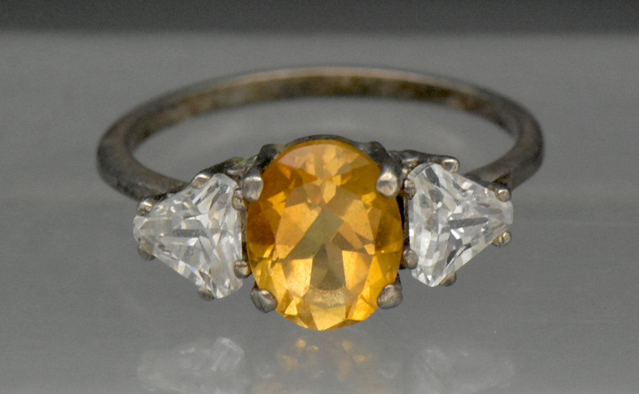 Vintage Citrine and CZ Sterling Silver Ring - Size 7.75